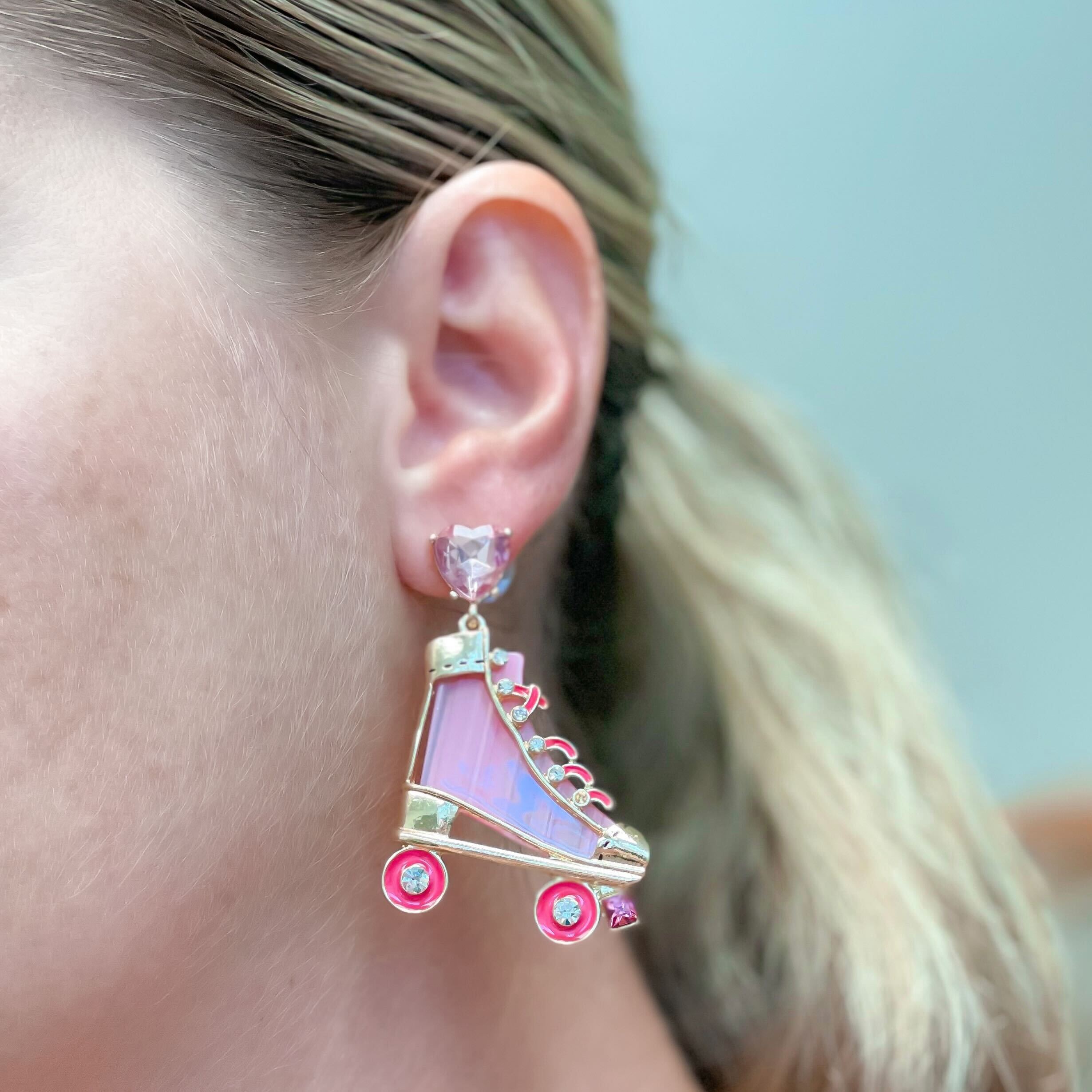 Colored Roller Skate Dangle Earrings - Pink