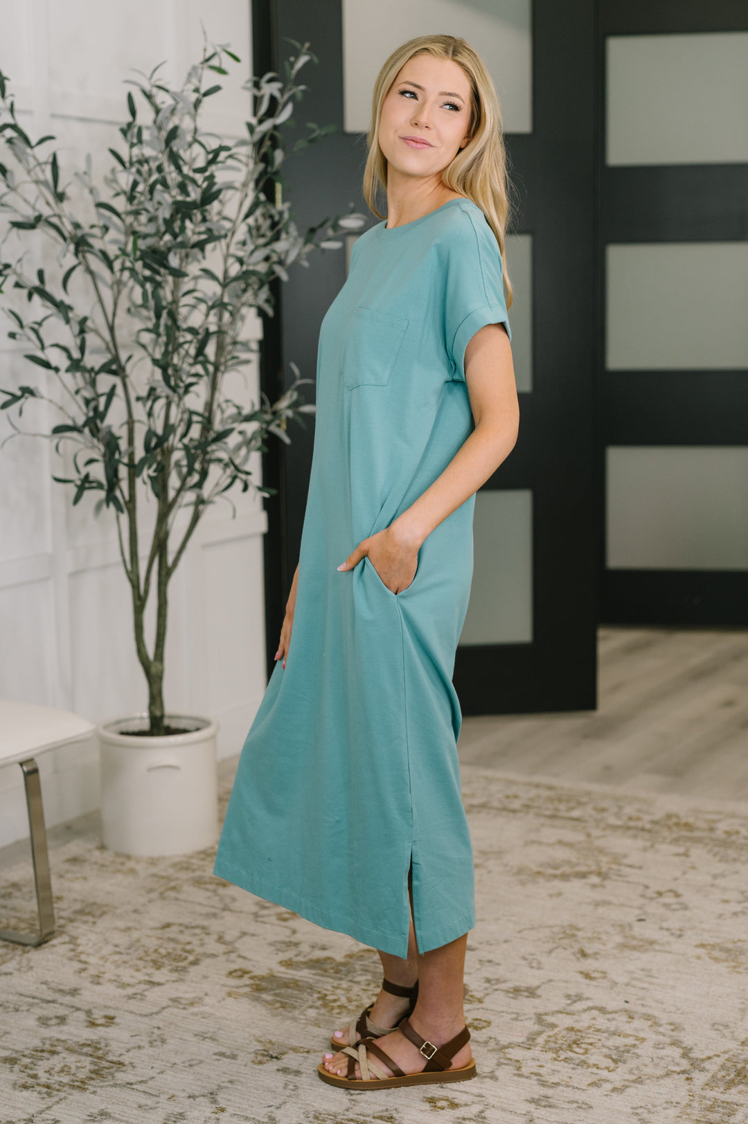 Fix You Right Up Short Sleeve Midi Dress in Dusty Teal - 4/1