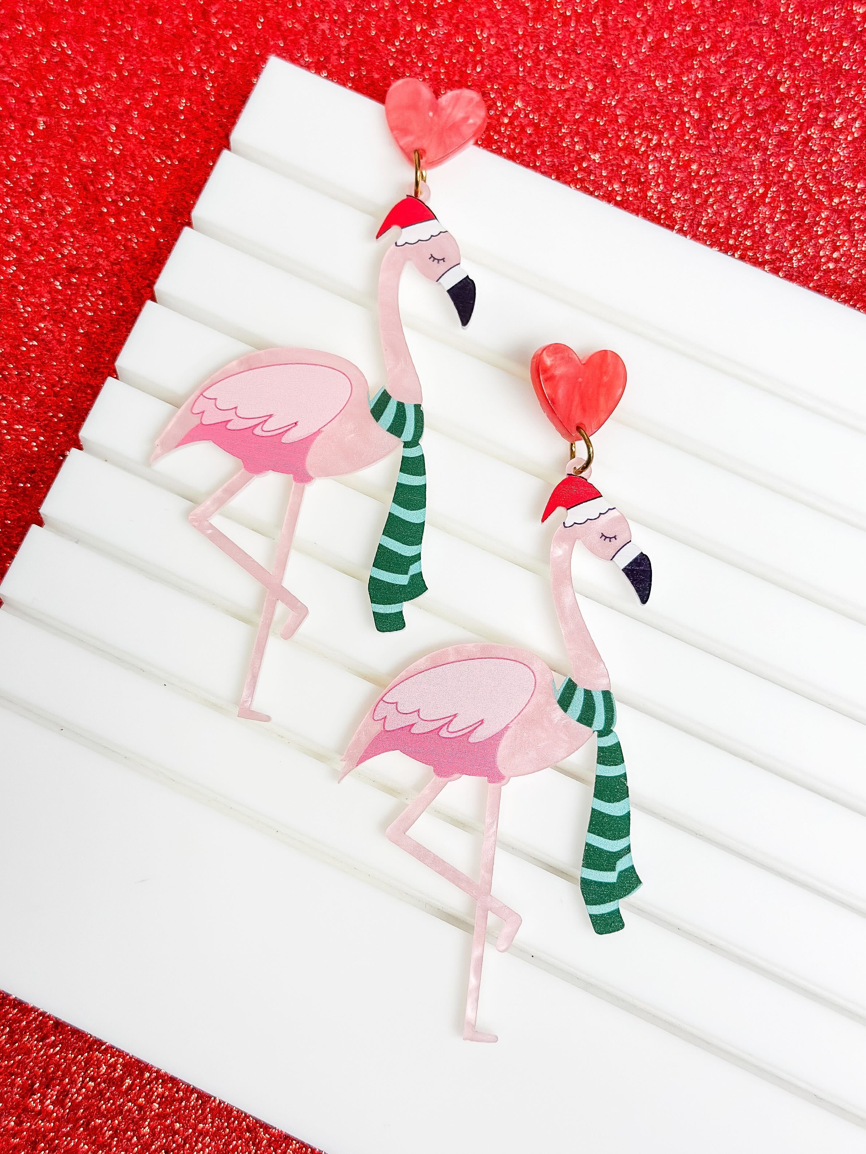 Flamingo Santa Hat Glitter Acrylic Dangle Earrings