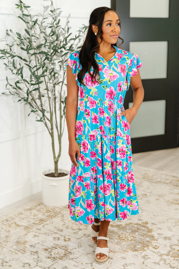 Fleurget Me Not Tiered Flutter Sleeve Dress in Aqua