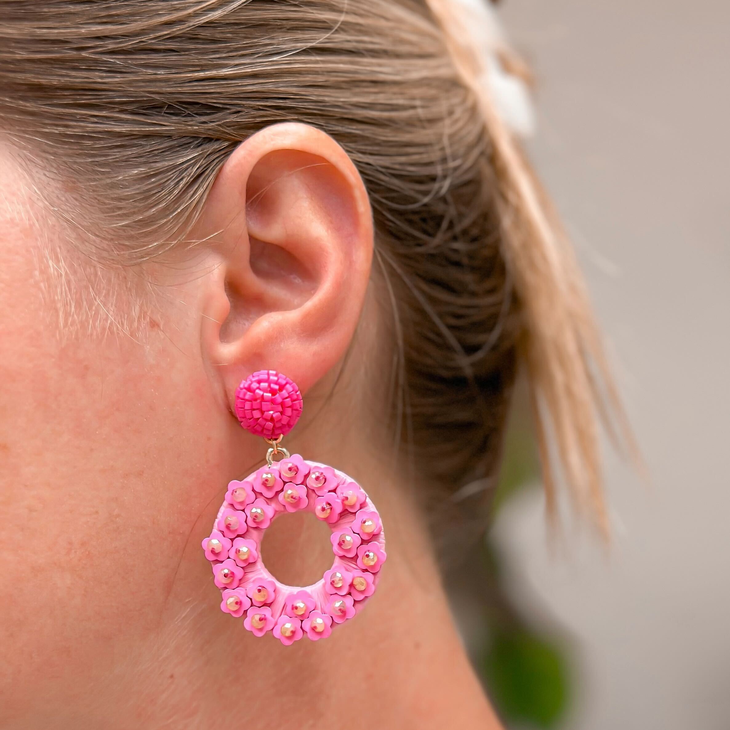 Spring Flower Dangle Earrings - Hot Pink