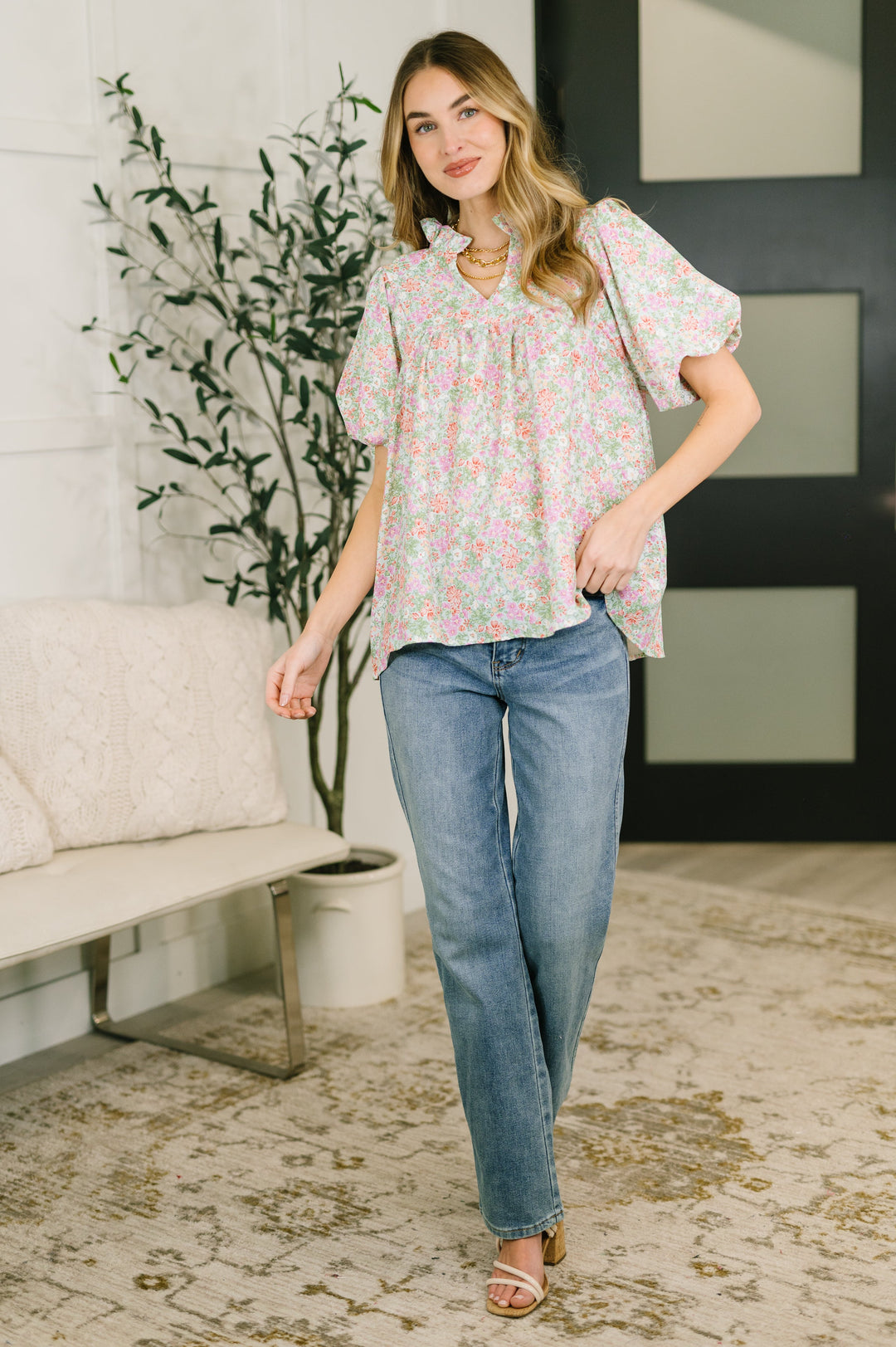 Flower Picking Notch Neck Blouse - 7/23