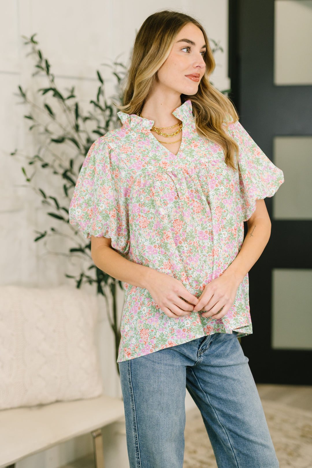 Flower Picking Notch Neck Blouse - 7/23