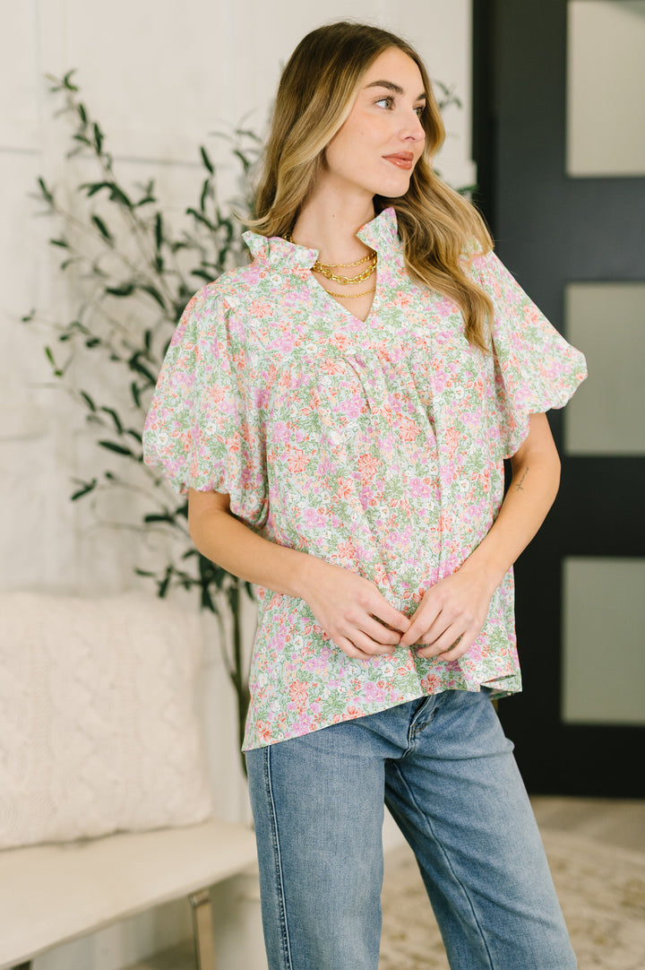 Flower Picking Notch Neck Blouse - 7/23
