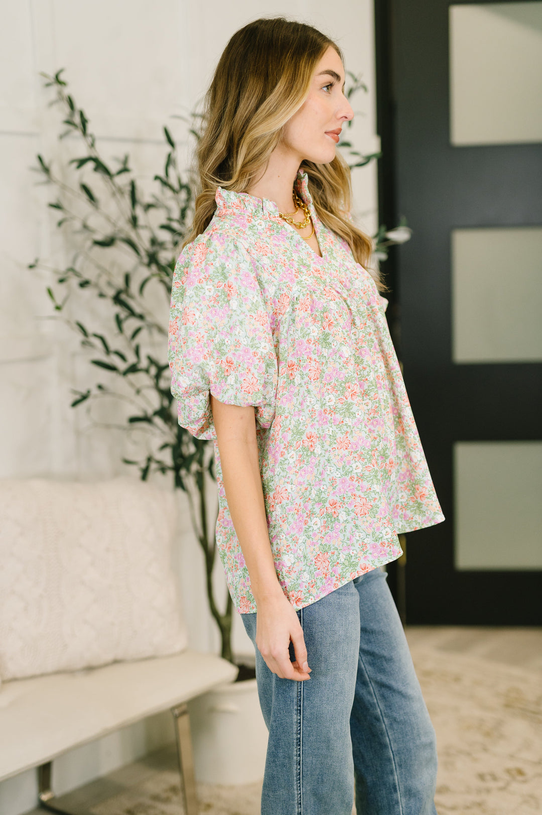 Flower Picking Notch Neck Blouse - 3/6