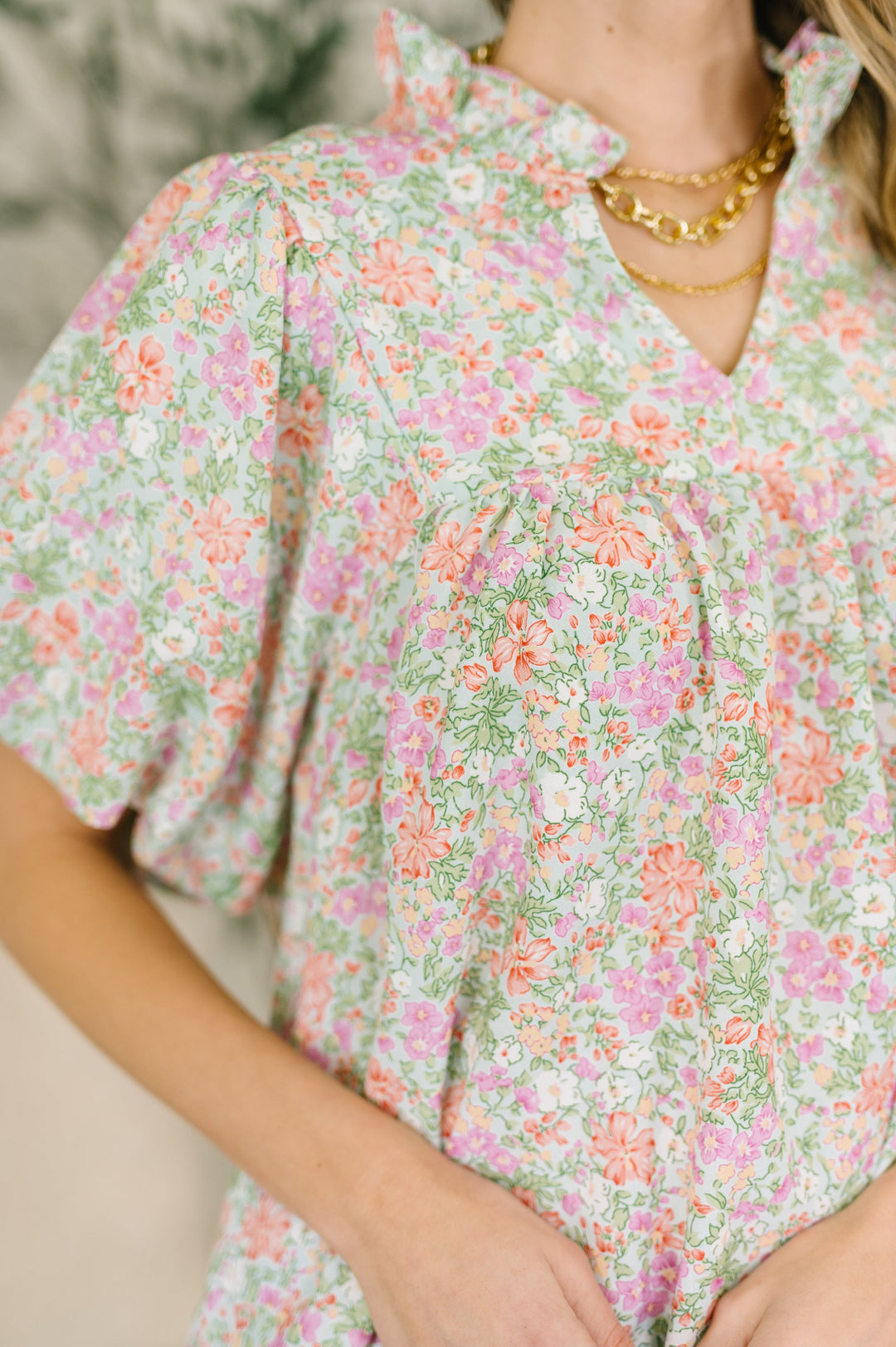 Flower Picking Notch Neck Blouse - 7/23