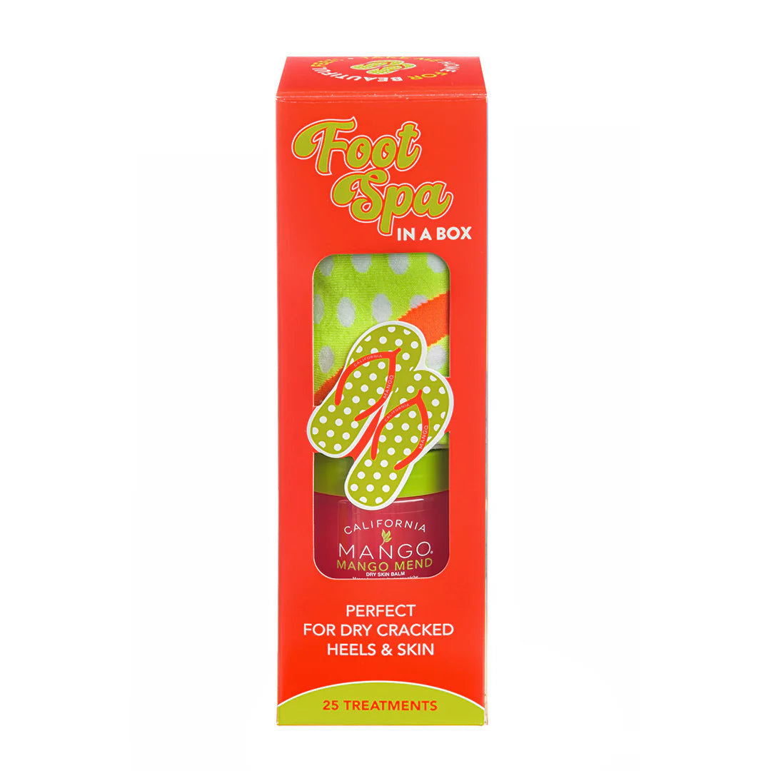 California Mango Foot Spa in a Box gift set with Mango Mend Dry Skin Balm and polka dot flip flops in red and lime green packaging on white background