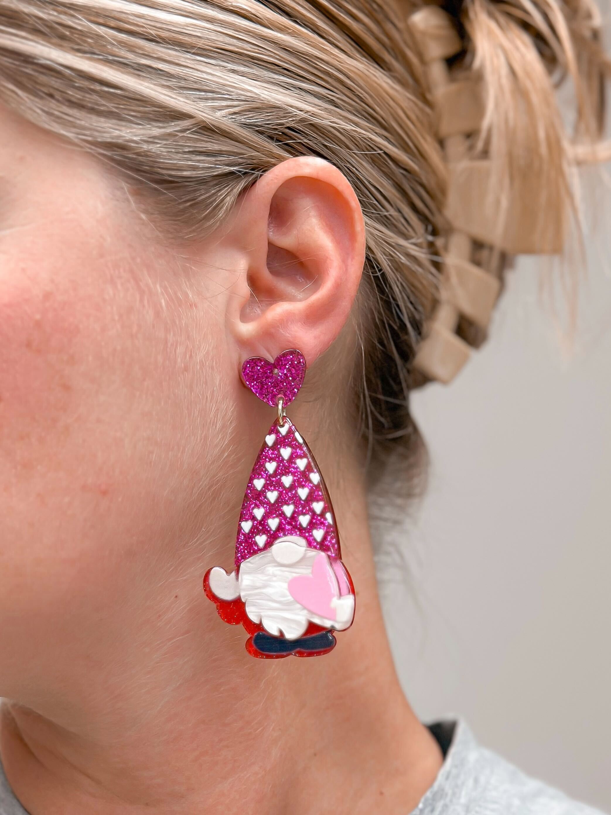Fuchsia Heart Gnome Dangle Earrings