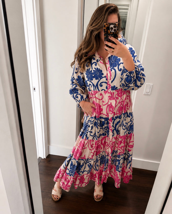 Button-Front Bold Colorful Maxi Dress - Pink & Blue by POL