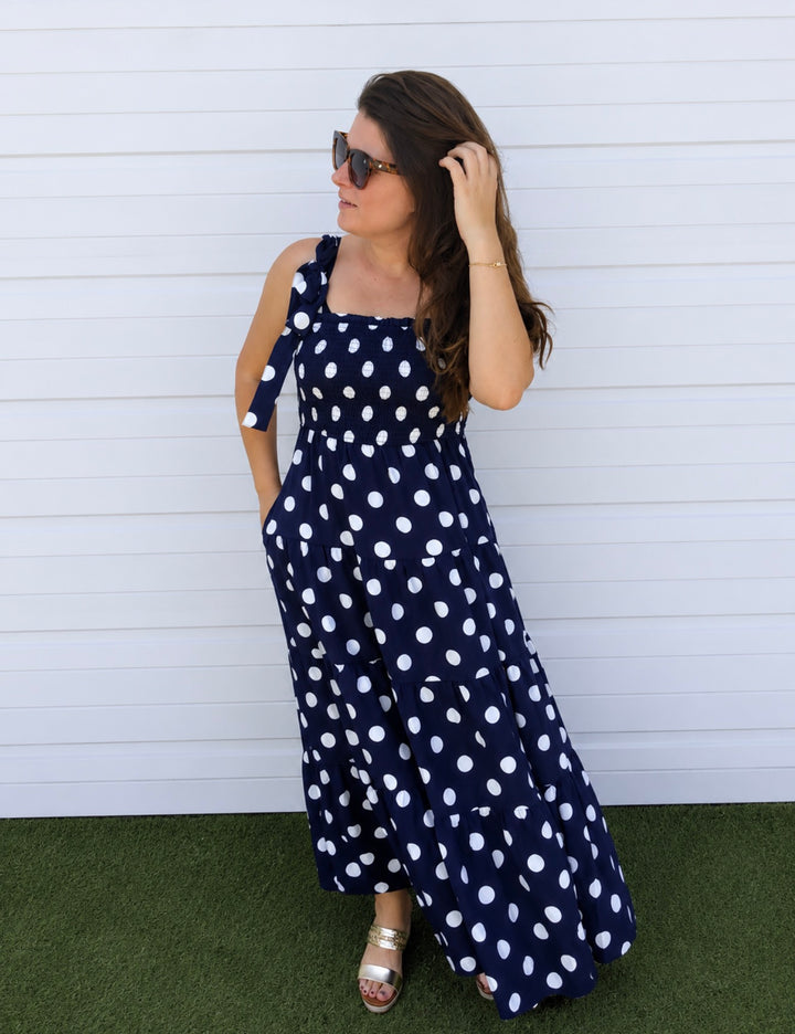Polka Dot Sleeveless Tired Smocked Midi Dress - Navy & White by Oddi