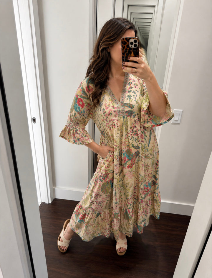 Deep V-Neck Beaded Ruffle Maxi Dress - Vanilla Multi by POL