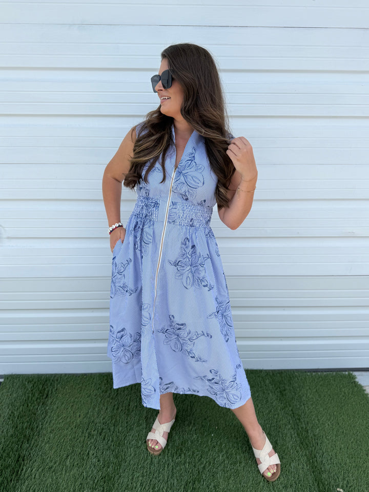 Sleeveless Pinstripe Midi Dress - Chambray