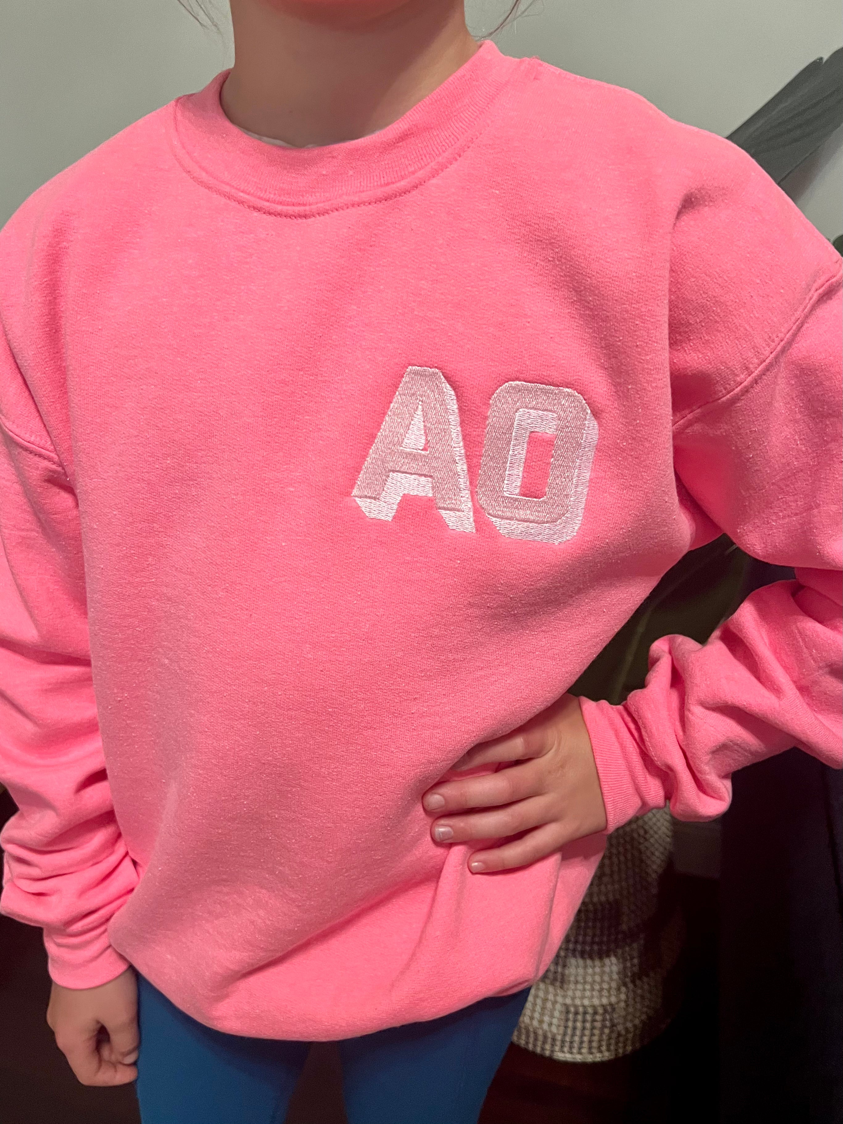 Youth Custom Neon Shadow Block Embroidered Monogram Sweatshirt - Hot Pink (Ships in 2-3 Weeks)