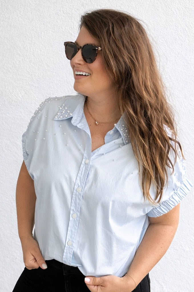 Pearl Studded Cap Sleeve Button Up Top - Light Blue by Cozy Co