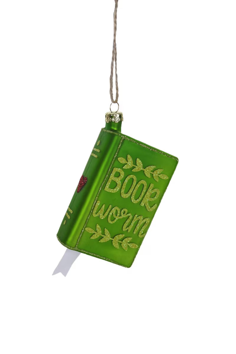 Green book-shaped ornament with 'Book Worm' text on a white background