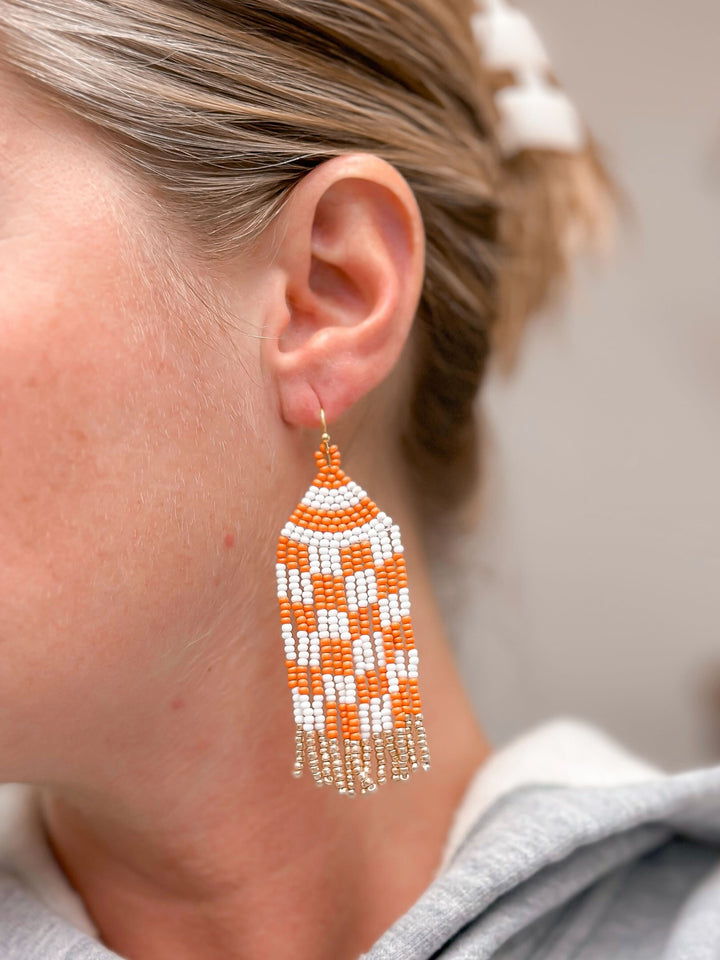 Game Day Seed Bead Fringe Dangle Earrings - Orange & White