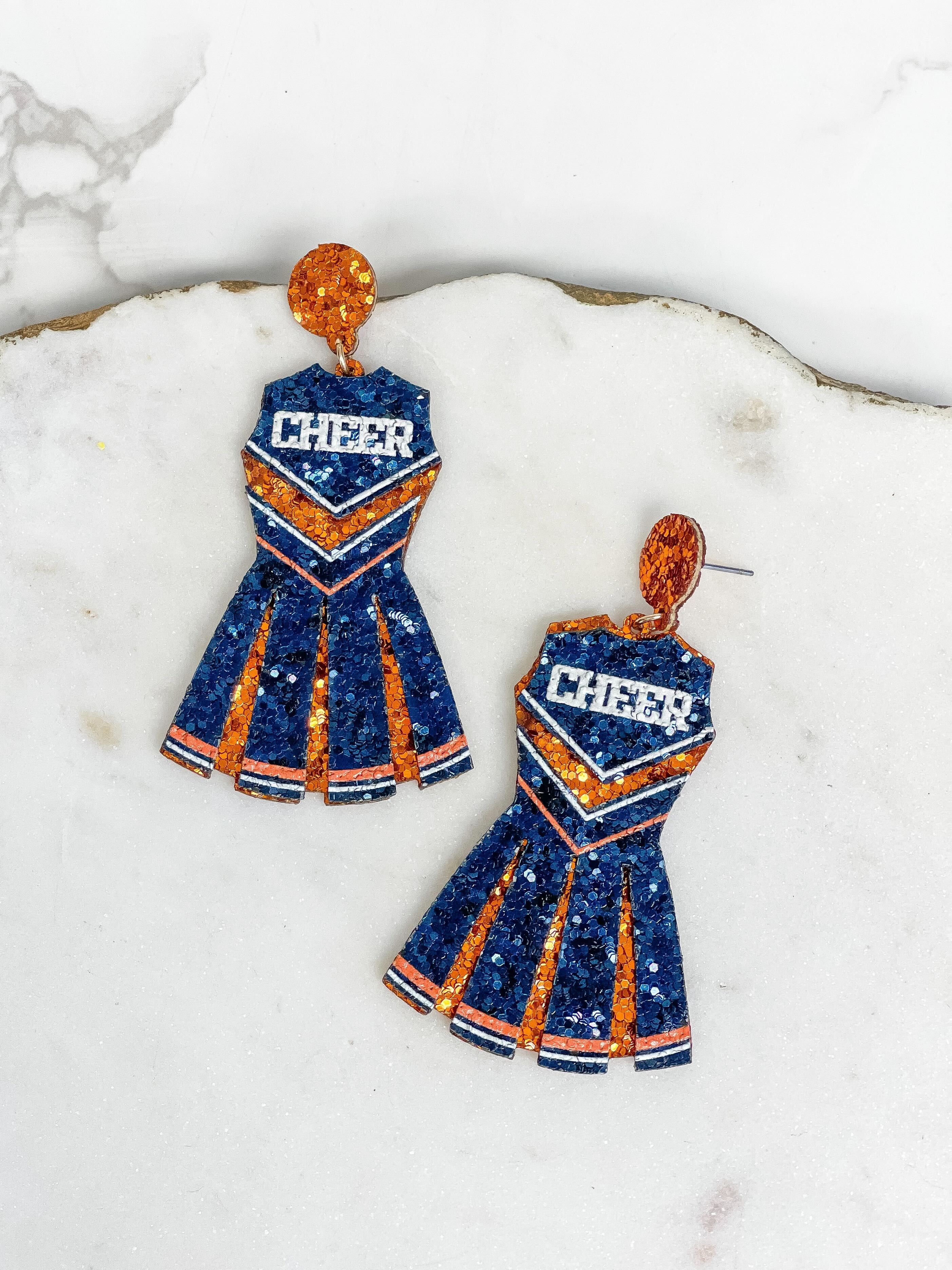 Glitter Cheerleader Dress Dangle Earrings - Navy & Orange