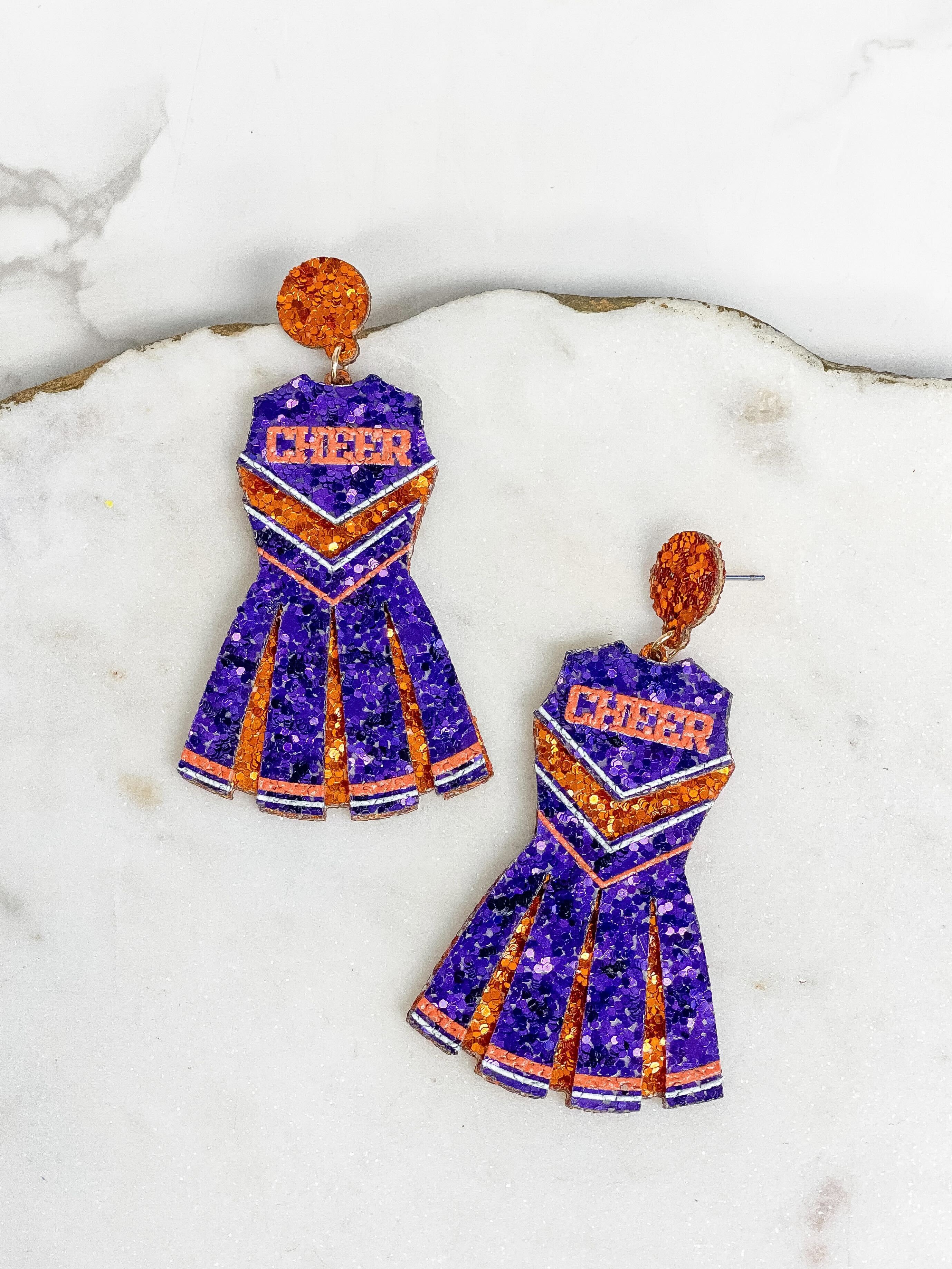 Glitter Cheerleader Dress Dangle Earrings - Orange & Purple