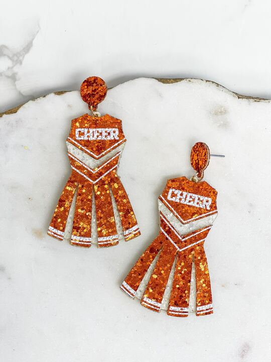 Glitter Cheerleader Dress Dangle Earrings - Orange & White