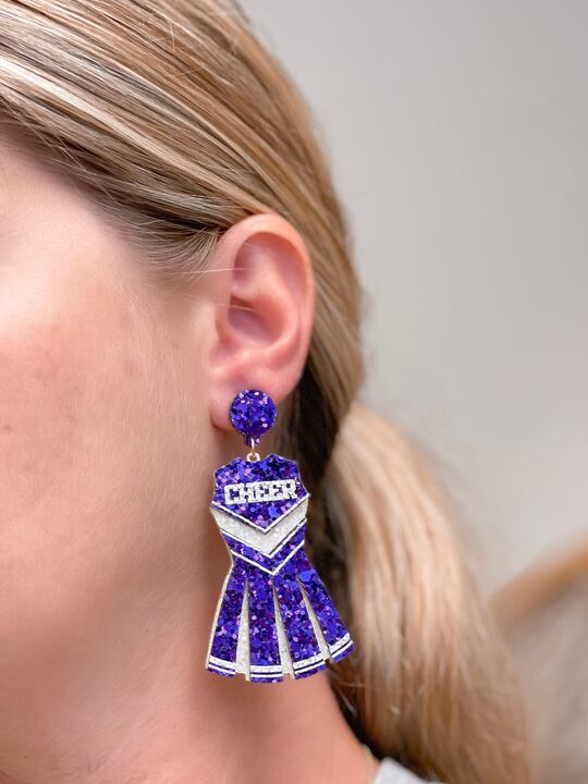 Glitter Cheerleader Dress Dangle Earrings - Purple & White