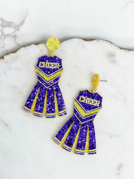 Glitter Cheerleader Dress Dangle Earrings - Yellow & Purple