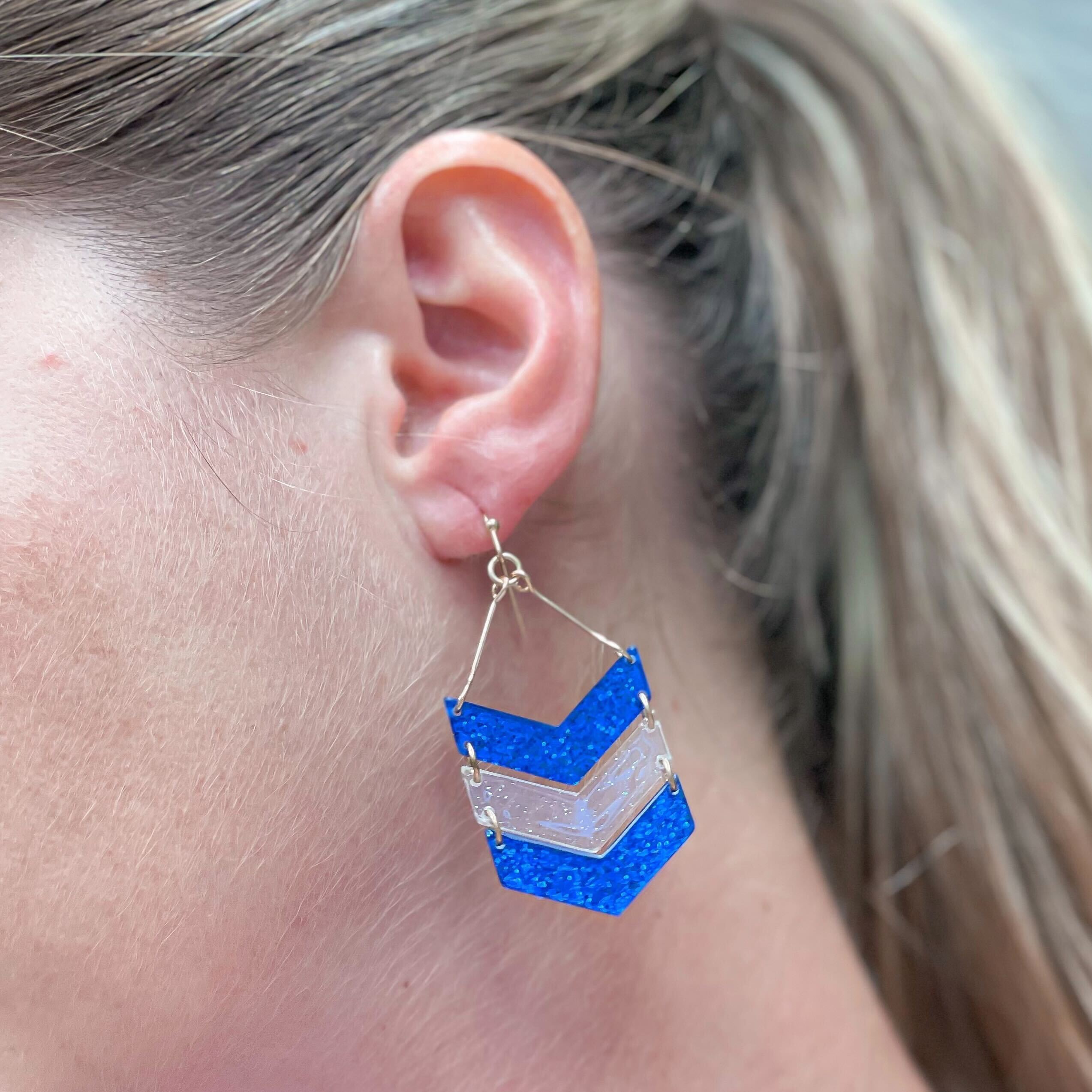 Glitter Game Day Arrow Dangle Earrings - Blue & Clear