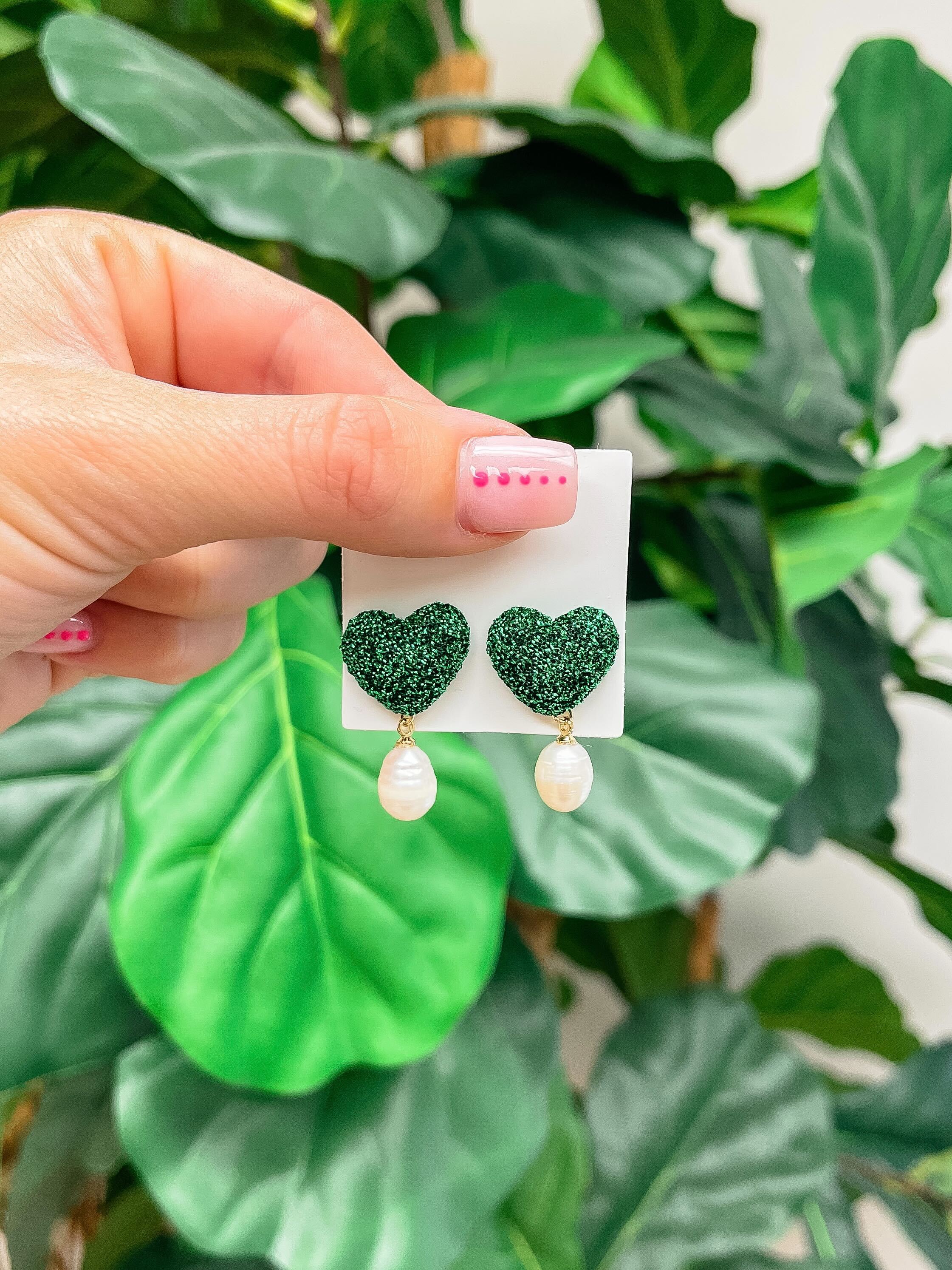 Glitter Heart Pearl Drop Earrings - Green