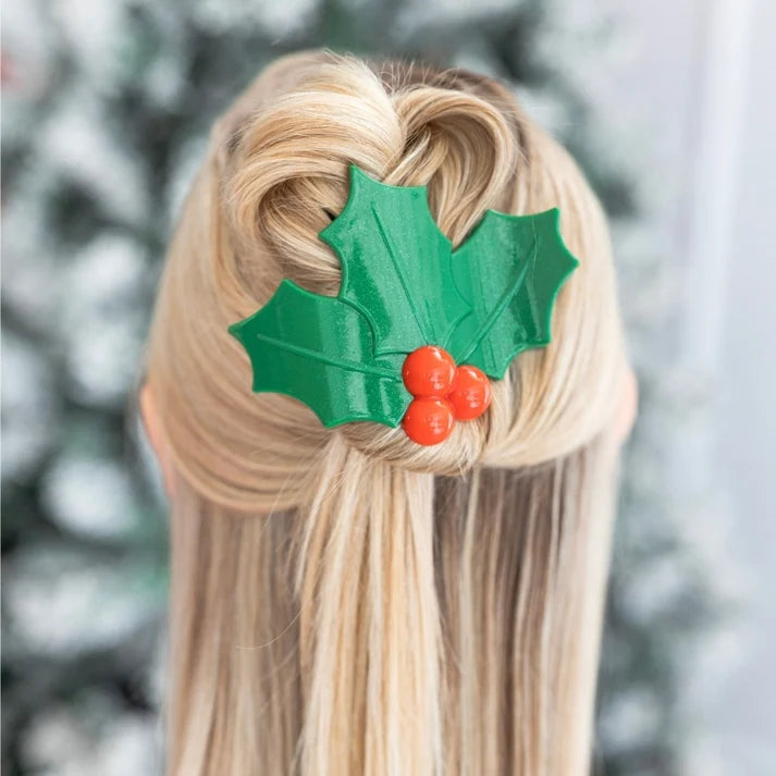 Teleties Flat Hair Clip - Glitter Holly Leaves
