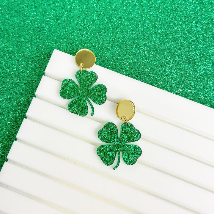 Glitter Lucky Clover Dangle Earrings