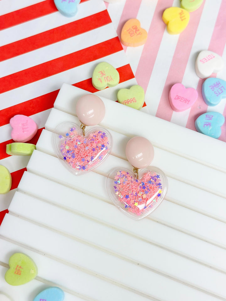 Glitter Shaker Heart Dangle Earrings - Pink