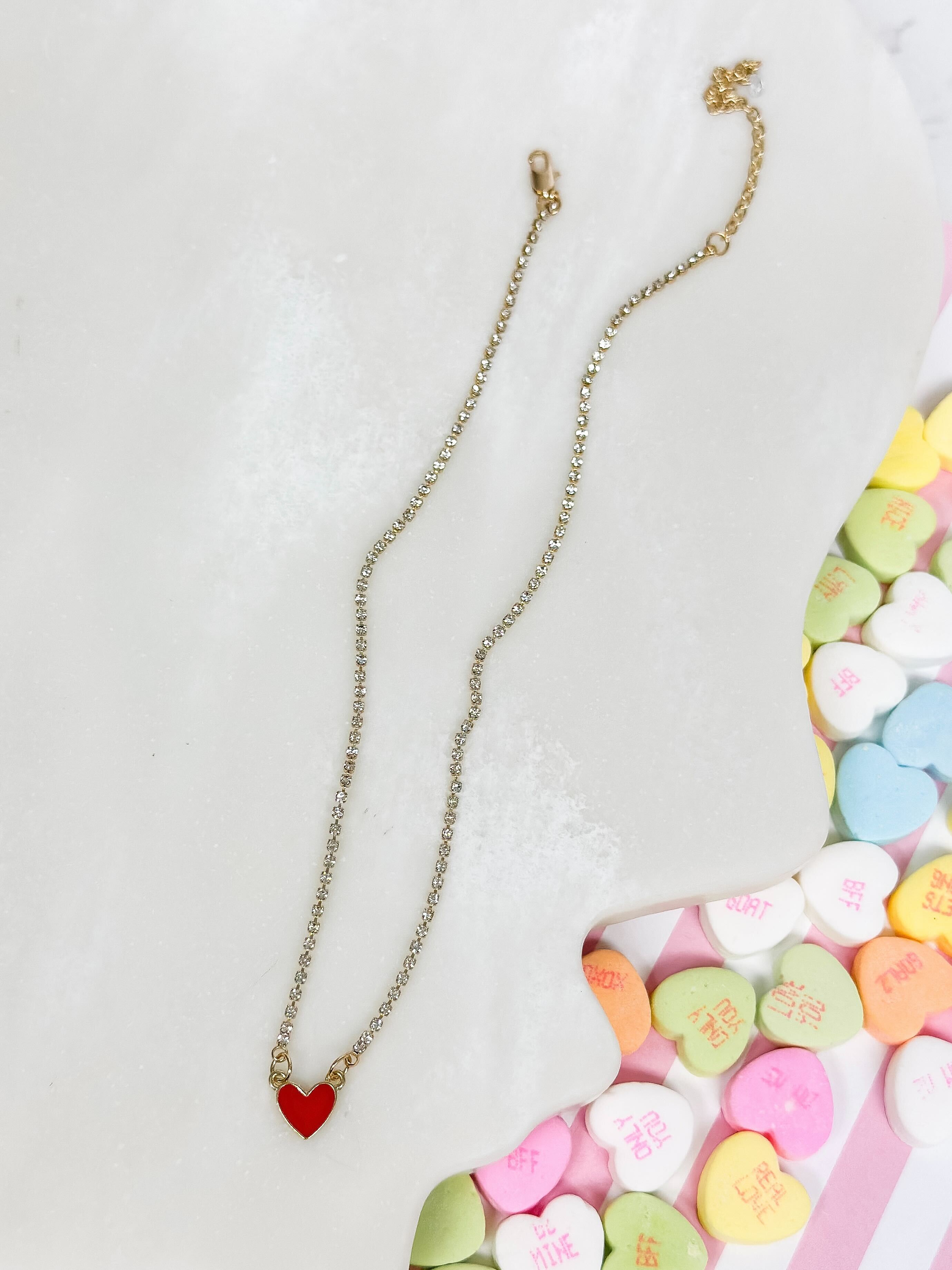 Glitzy Chain Heart Necklace - Red