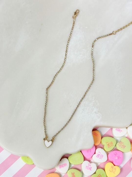 Glitzy Chain Heart Necklace - White