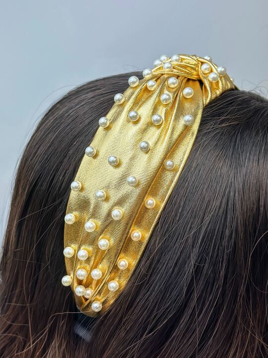 Metallic Pearl Embellished Top Knot Headband - Gold