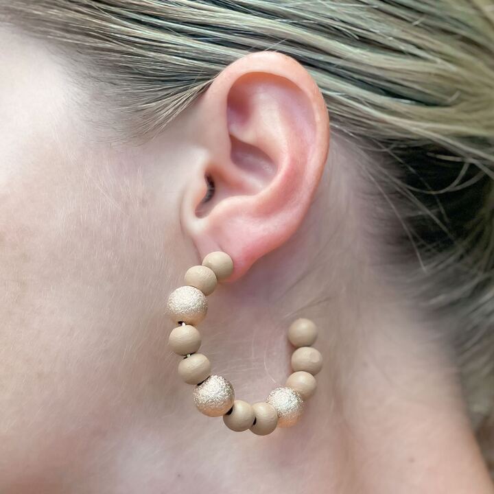 Gold & Color Bead Hoop Earrings - Tan