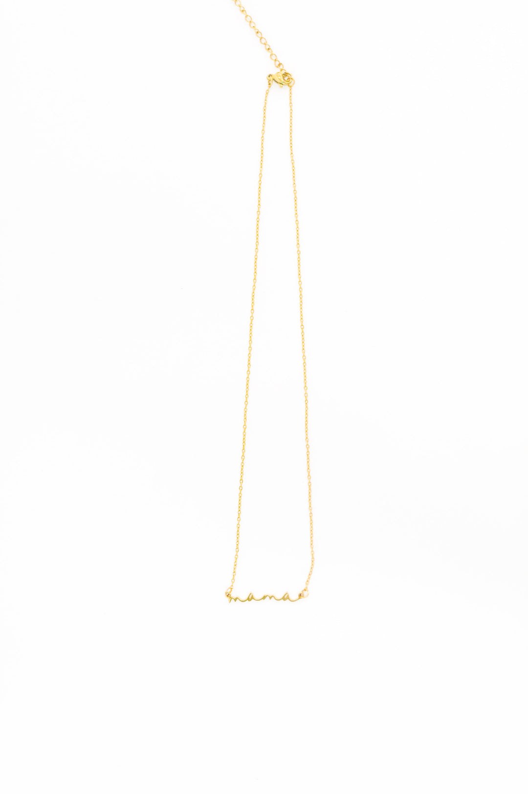 Gold delicate chain necklace with "mama" script pendant on white background