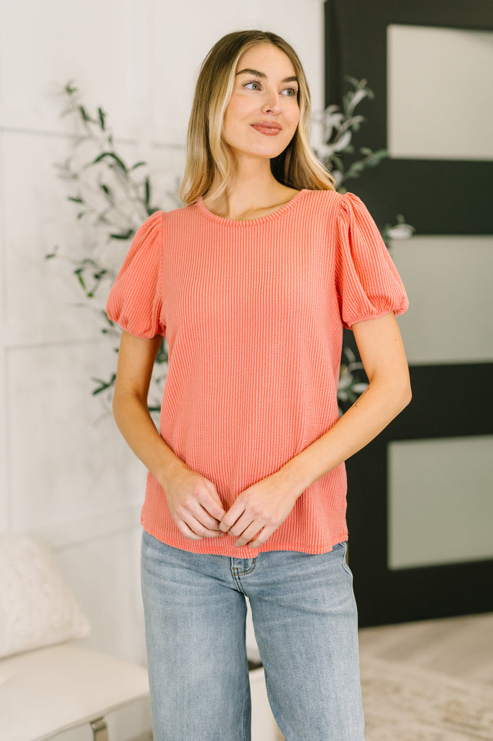 Grace & Virtue Balloon Sleeve Blouse in Coral - 7/16