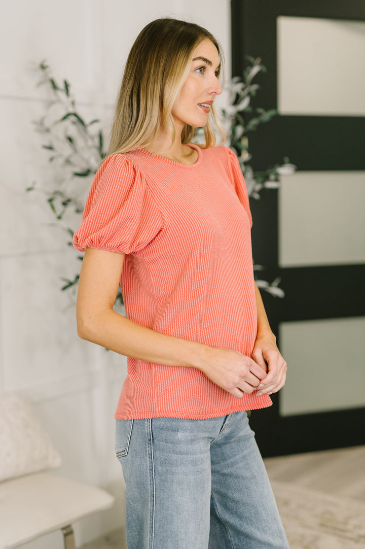 Grace & Virtue Balloon Sleeve Blouse in Coral - 7/16