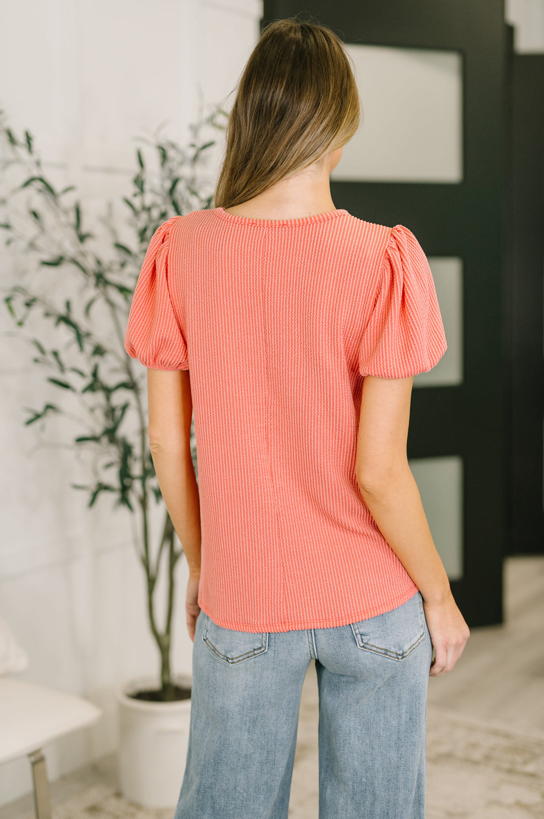 Grace & Virtue Balloon Sleeve Blouse in Coral - 7/16