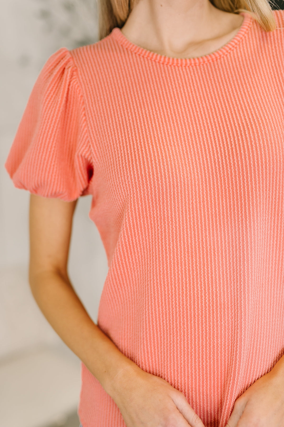 Grace & Virtue Balloon Sleeve Blouse in Coral - 7/16
