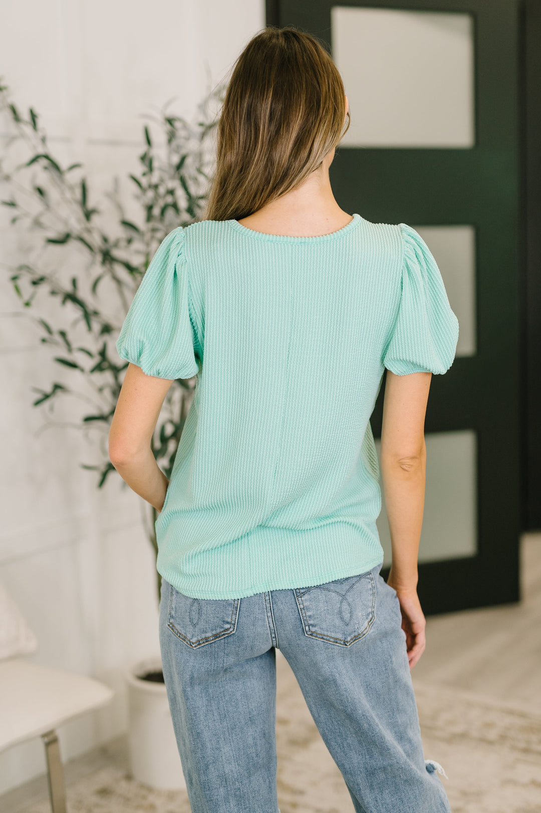 Grace & Virtue Balloon Sleeve Blouse in Mint - 7/16
