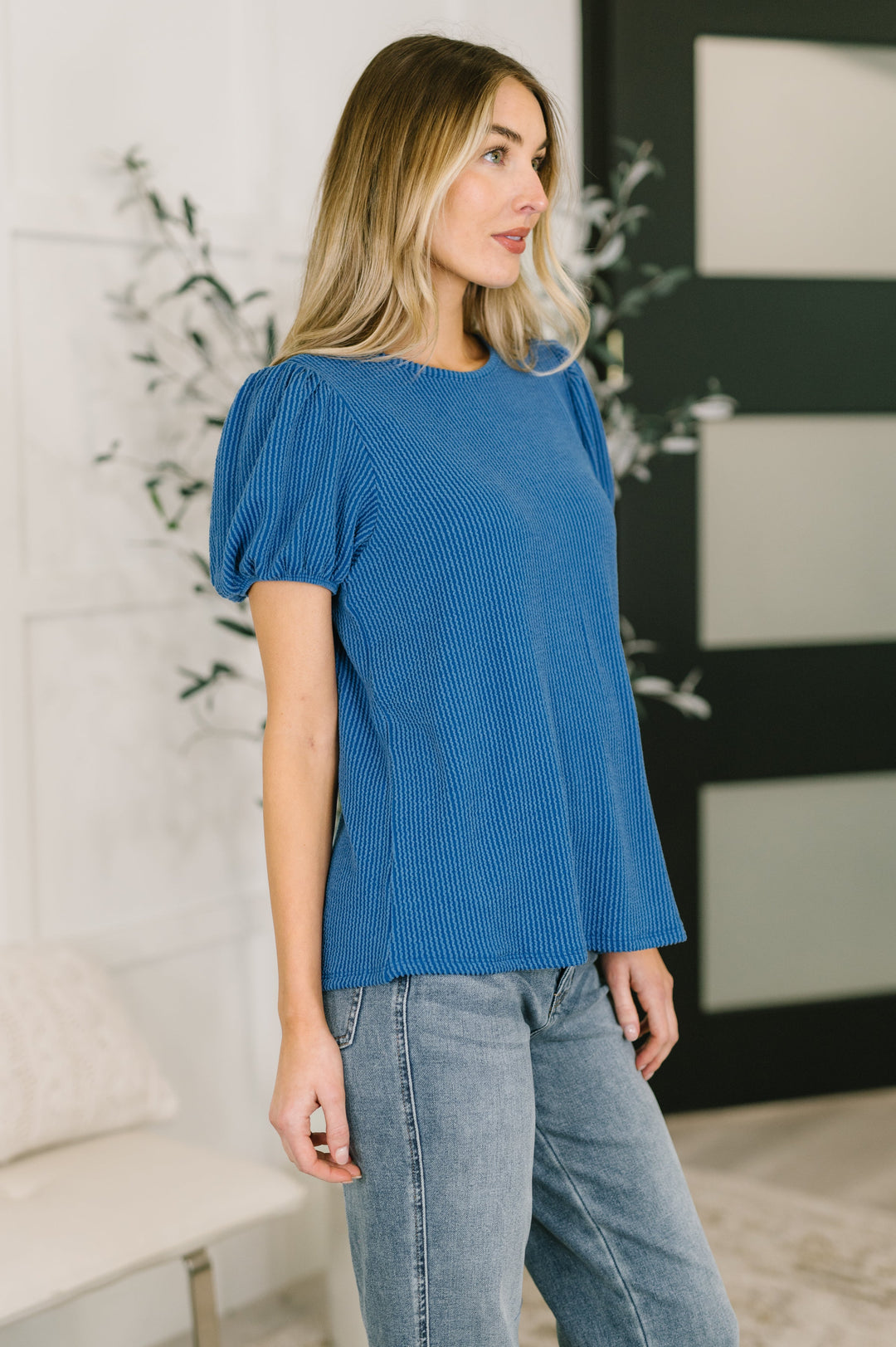 Grace & Virtue Balloon Sleeve Blouse in Ocean Blue - 7/16