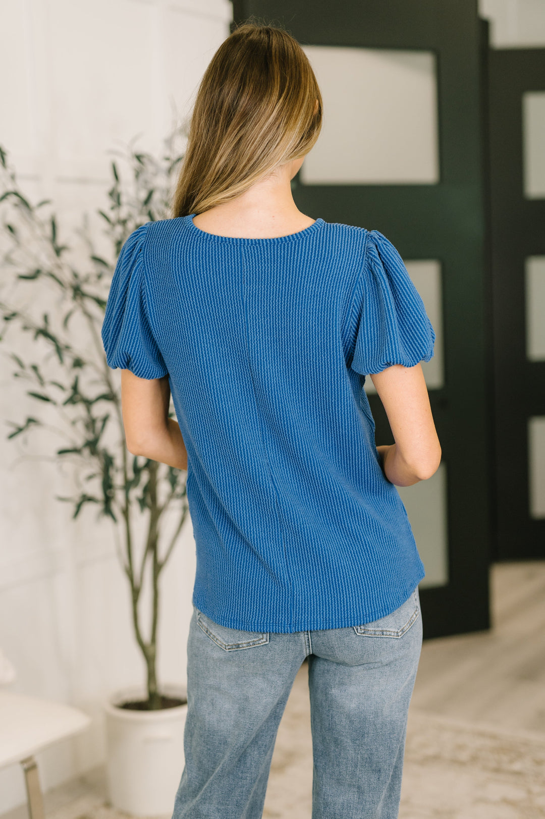 Grace & Virtue Balloon Sleeve Blouse in Ocean Blue - 7/16