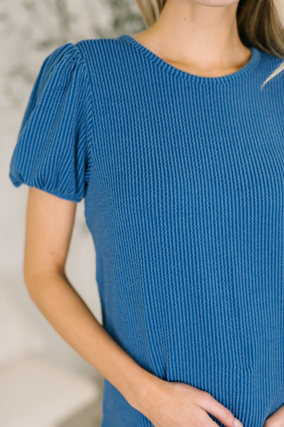 Grace & Virtue Balloon Sleeve Blouse in Ocean Blue - 7/16