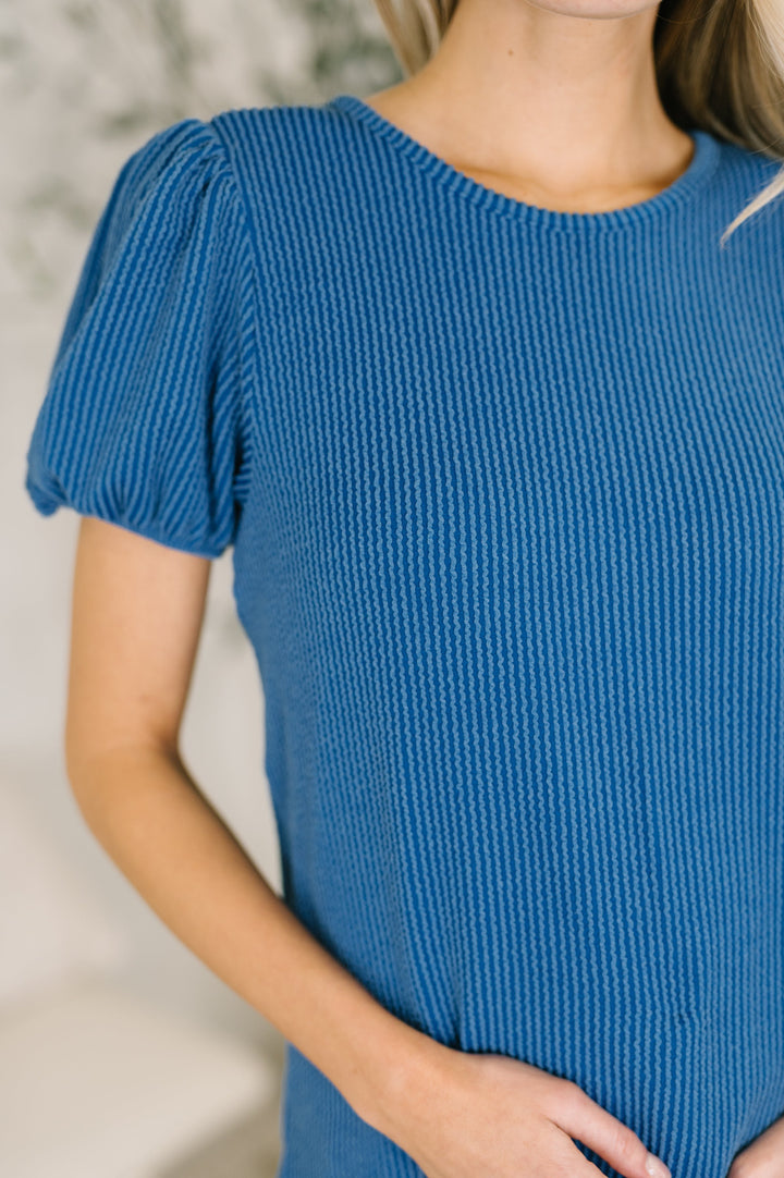 Grace & Virtue Balloon Sleeve Blouse in Ocean Blue - 7/16