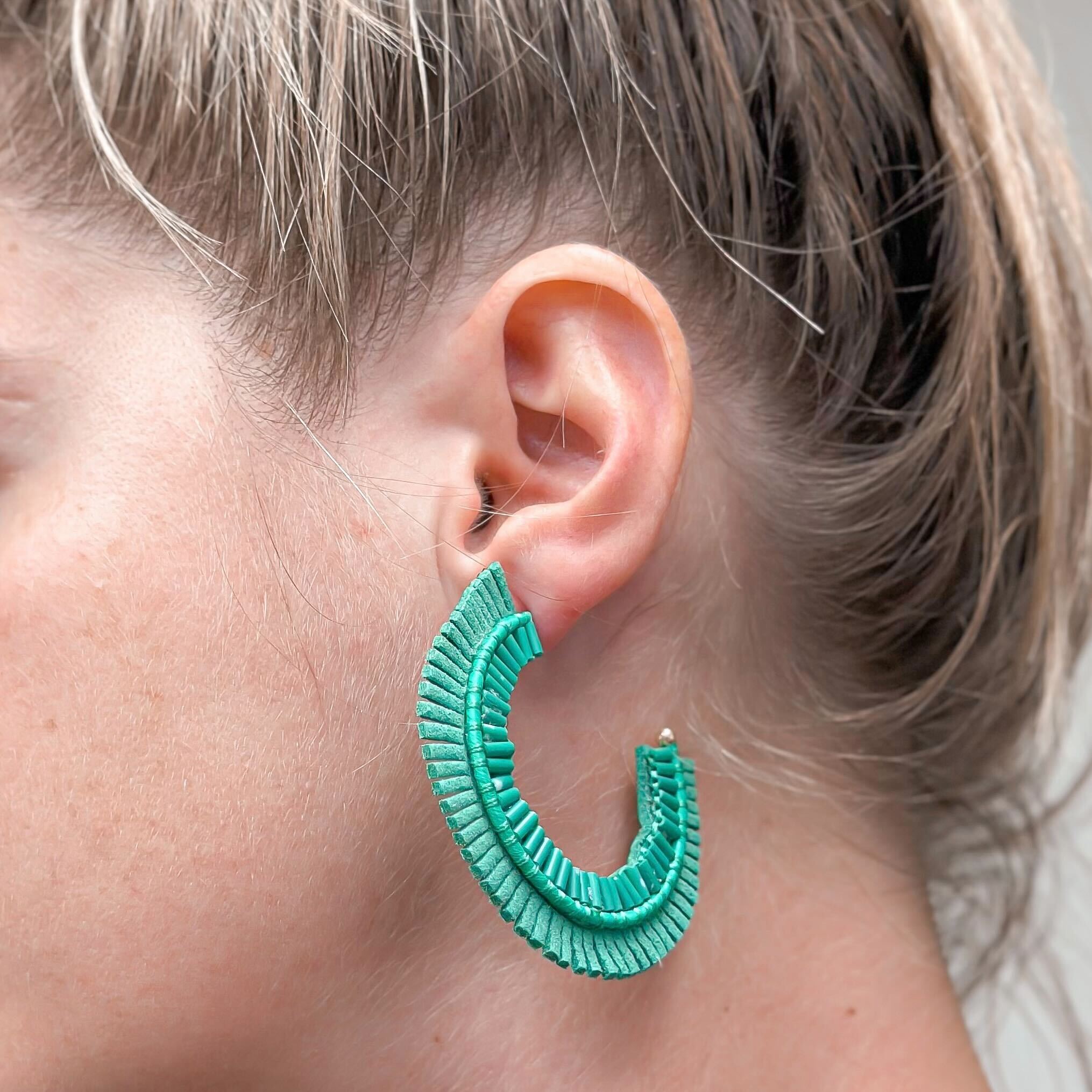 Suede Fringe Beaded Hoop Earrings - Green