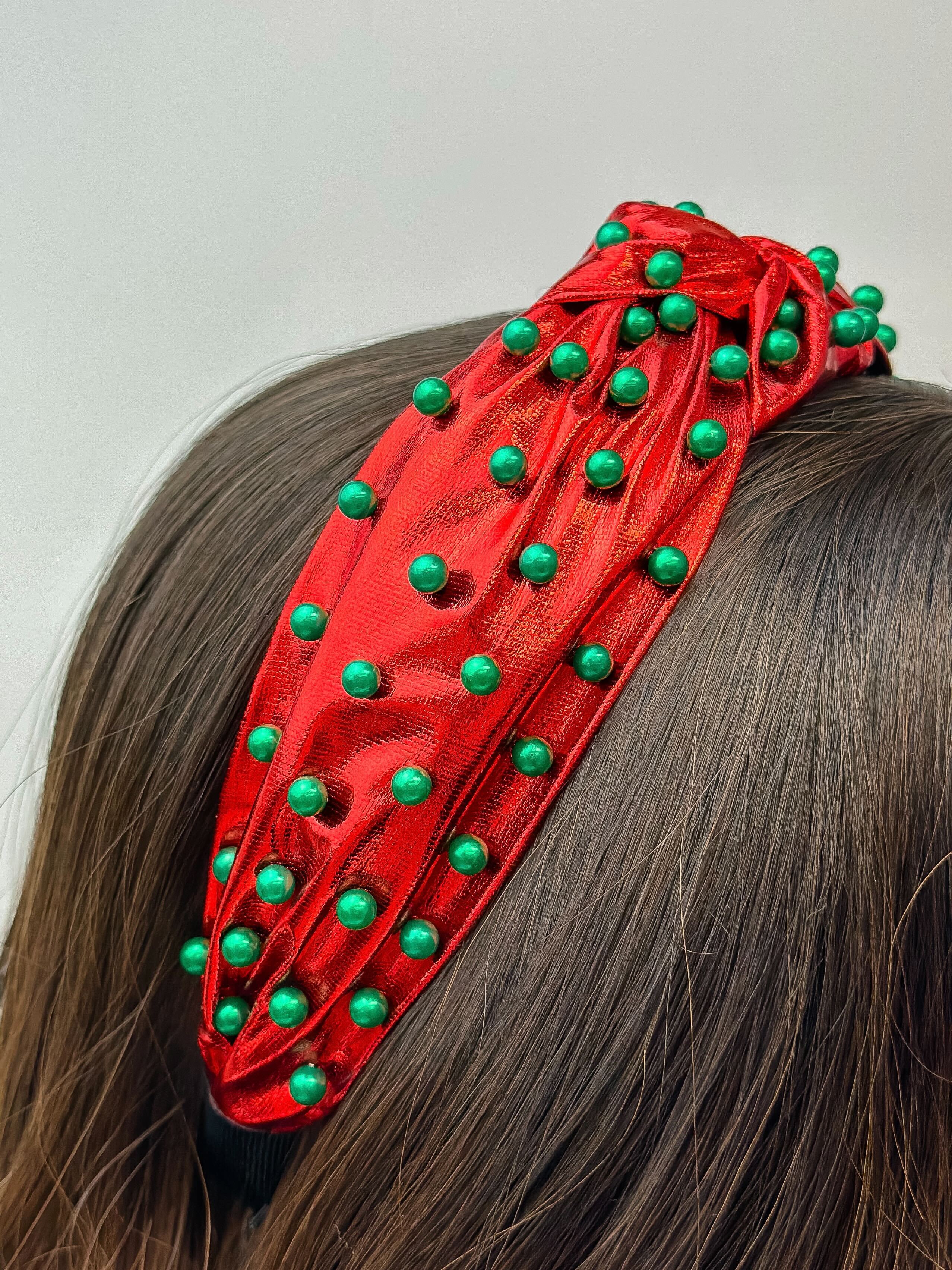 Christmas Pearl Embellished Top Knot Headband - Red