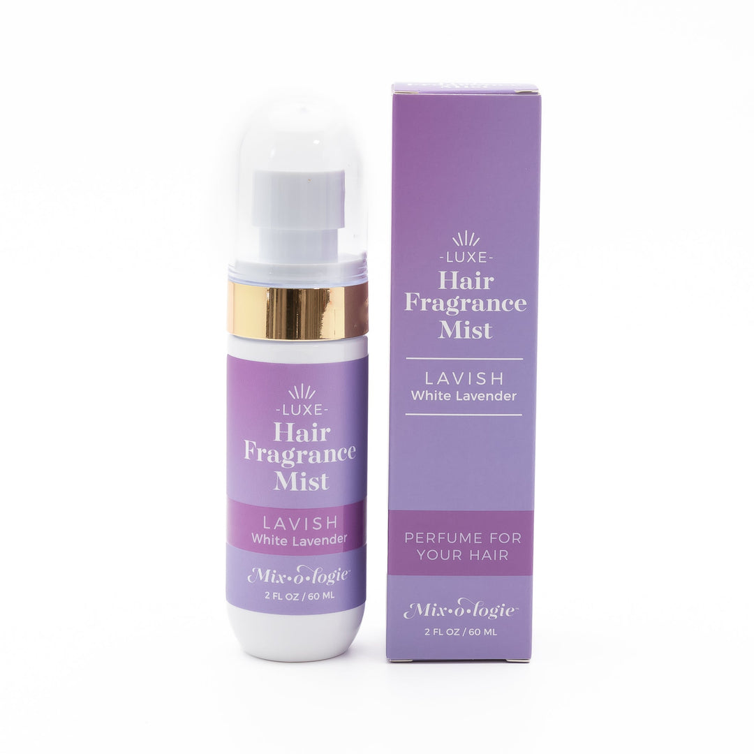 Mixologie Luxe Hair Fragrance Mist in Lavish White Lavender, 2 fl oz, with purple pump bottle and matching box, front view on white background