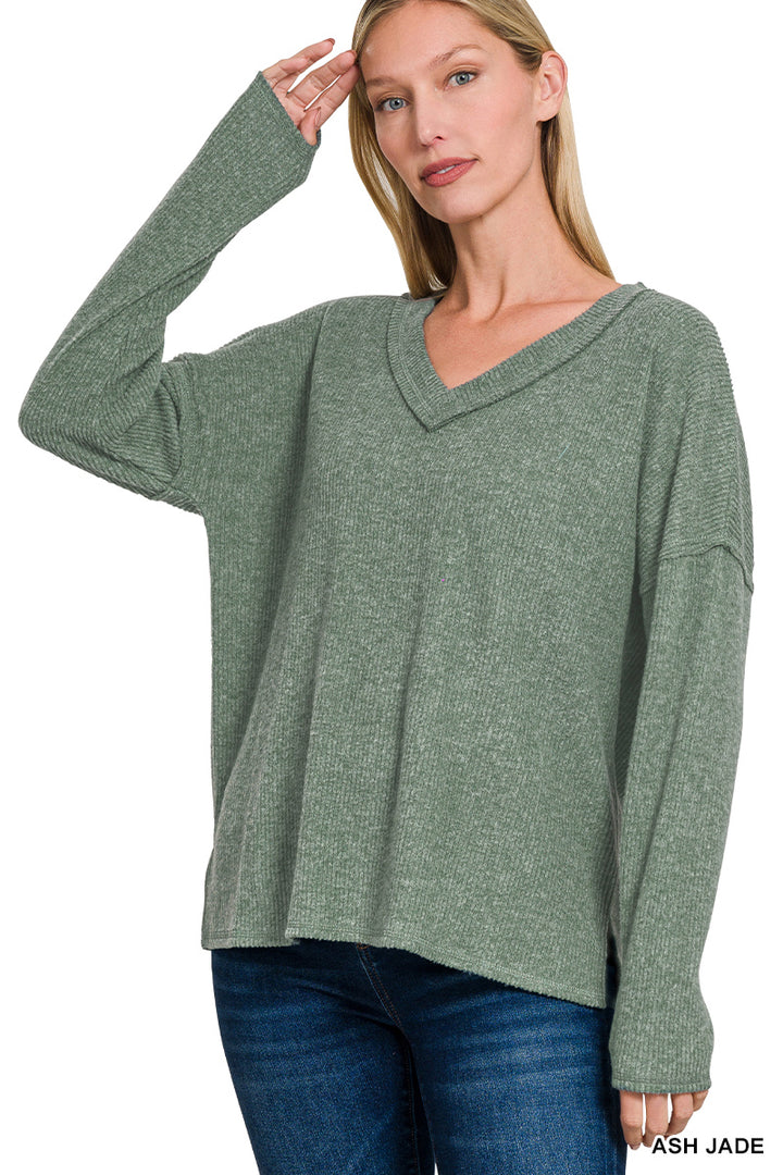 Ribbed V-Neck Drop Shoulder Sweater - Ash Jade