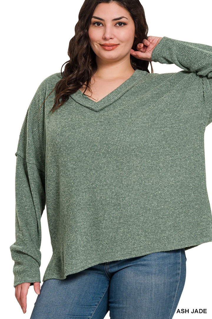 Ribbed V-Neck Drop Shoulder Sweater - Ash Jade
