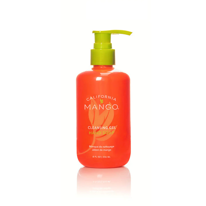 California Mango Cleansing Gel Hand Soap 8 fl oz pump bottle in orange with lime green pump on white background
